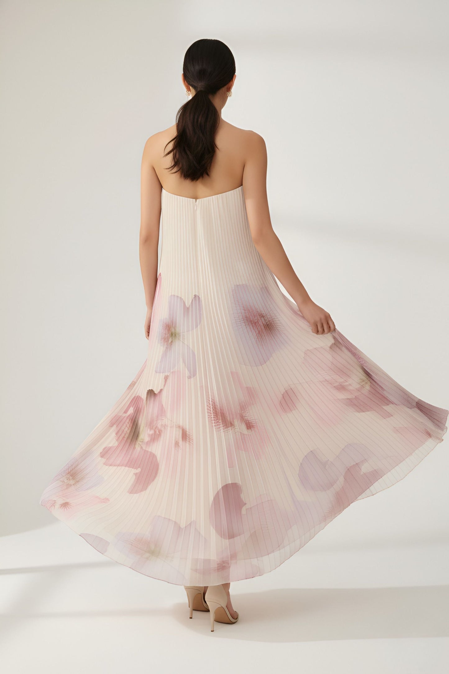 Orchid Floral Pleated Strapless Chiffon Maxi Dress