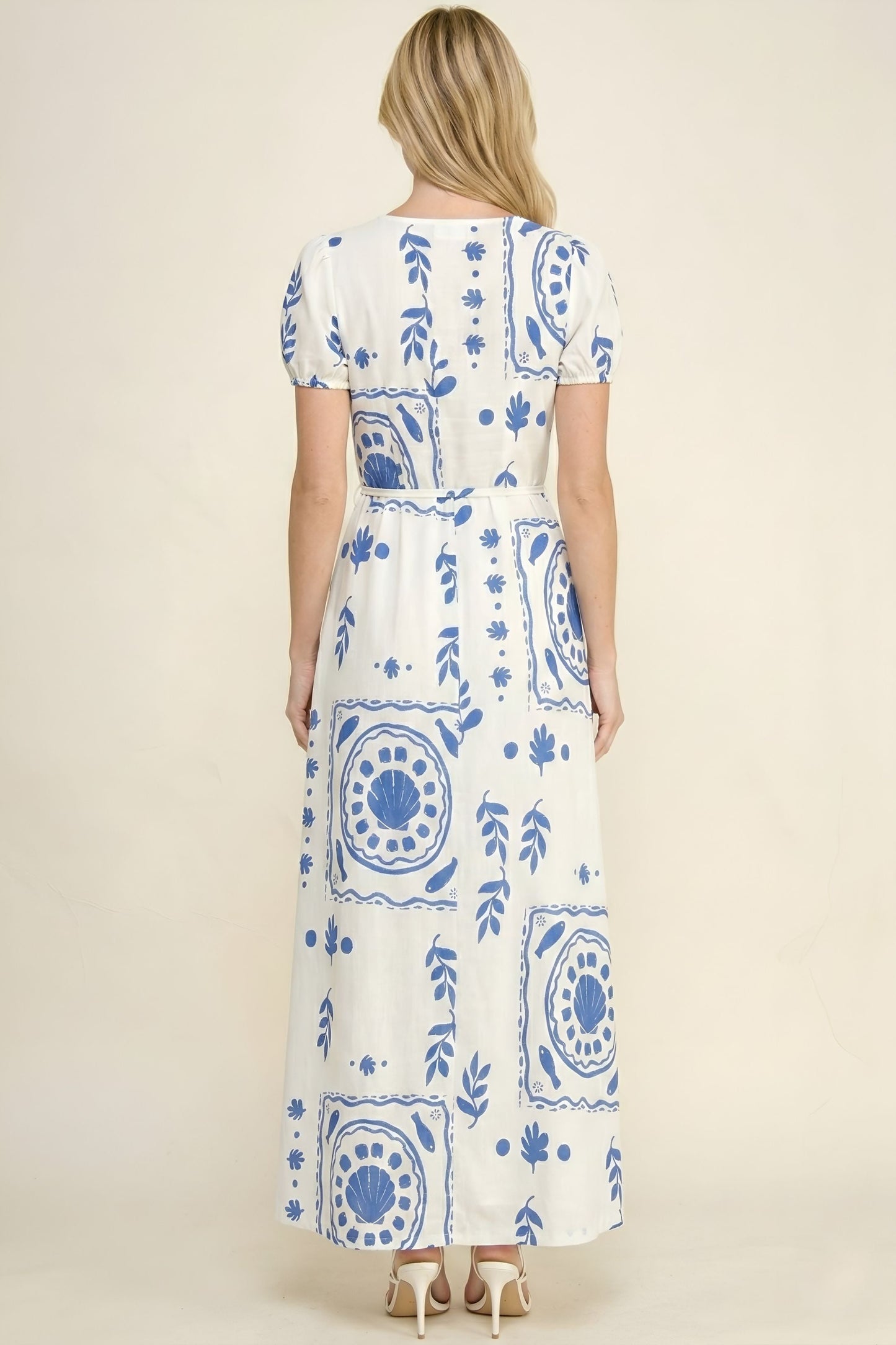 White Blue Tile Print Puff Sleeve Maxi Dress