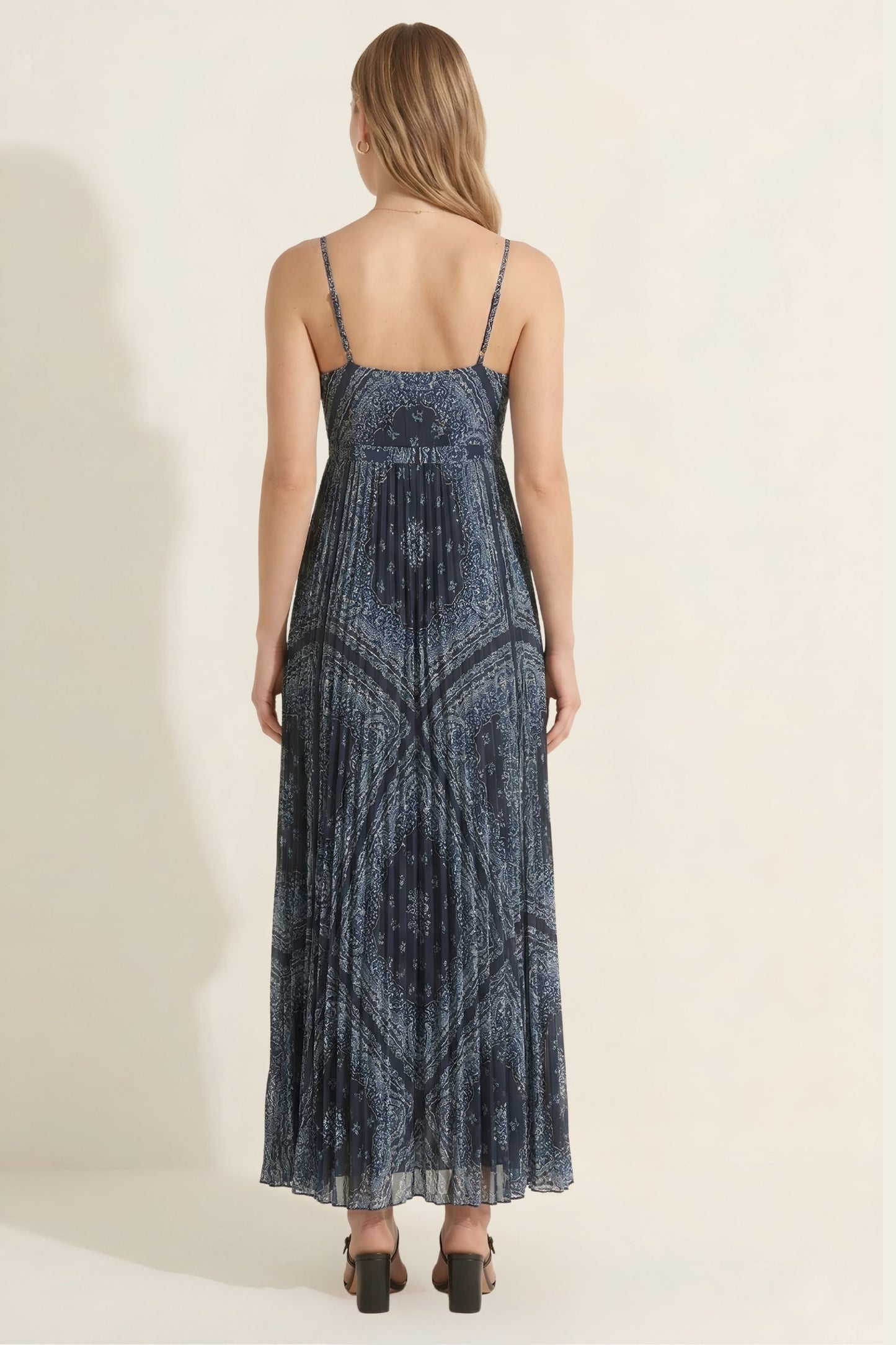 Navy Blue Paisley Pleated Cowl Neck Maxi Dress