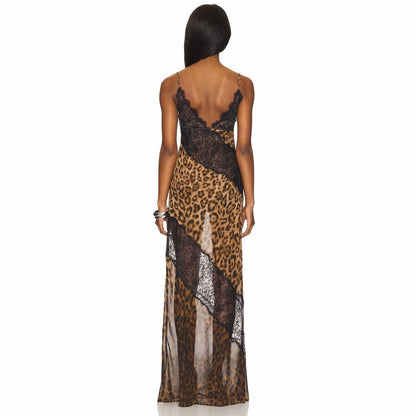 Leopard Lace Panel Sheer Bodycon Maxi Dress