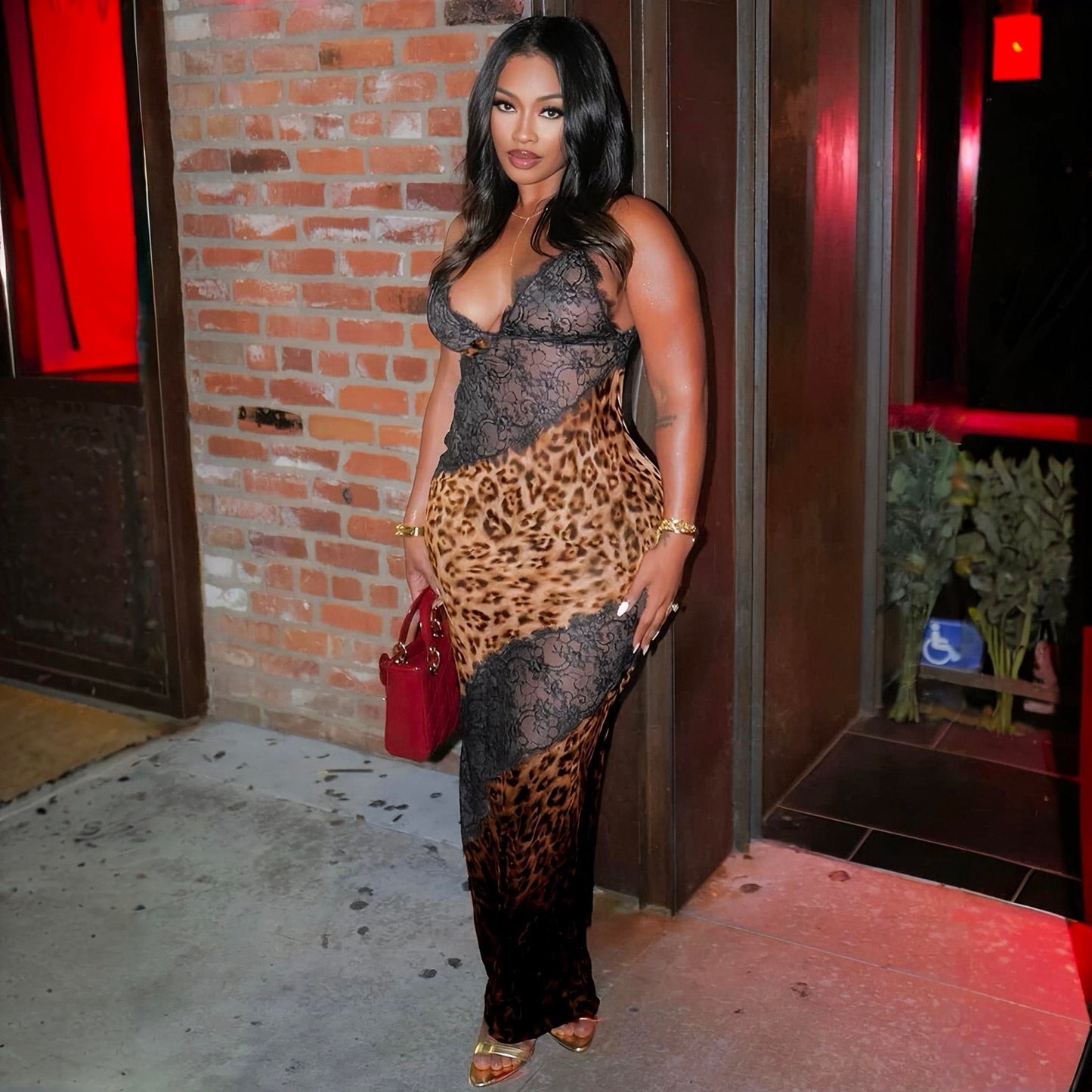 Leopard Lace Panel Sheer Bodycon Maxi Dress