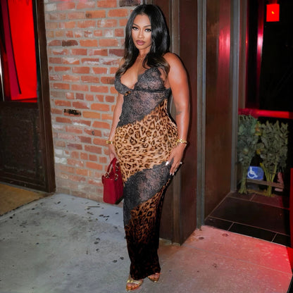Leopard Lace Panel Sheer Bodycon Maxi Dress