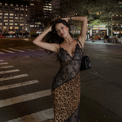 Leopard Lace Panel Sheer Bodycon Maxi Dress