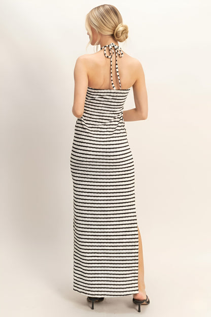 Black White Stripe Halter Twist Maxi Dress