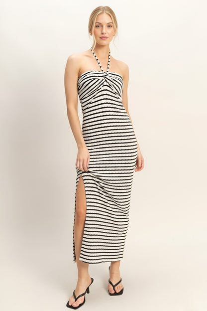 Black White Stripe Halter Twist Maxi Dress