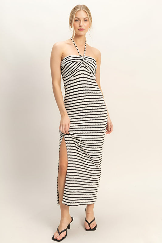 Black White Stripe Halter Twist Maxi Dress
