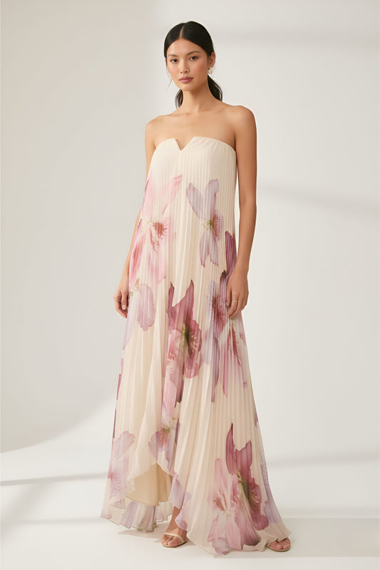 Orchid Floral Pleated Strapless Chiffon Maxi Dress