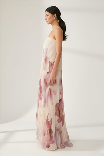 Orchid Floral Pleated Strapless Chiffon Maxi Dress