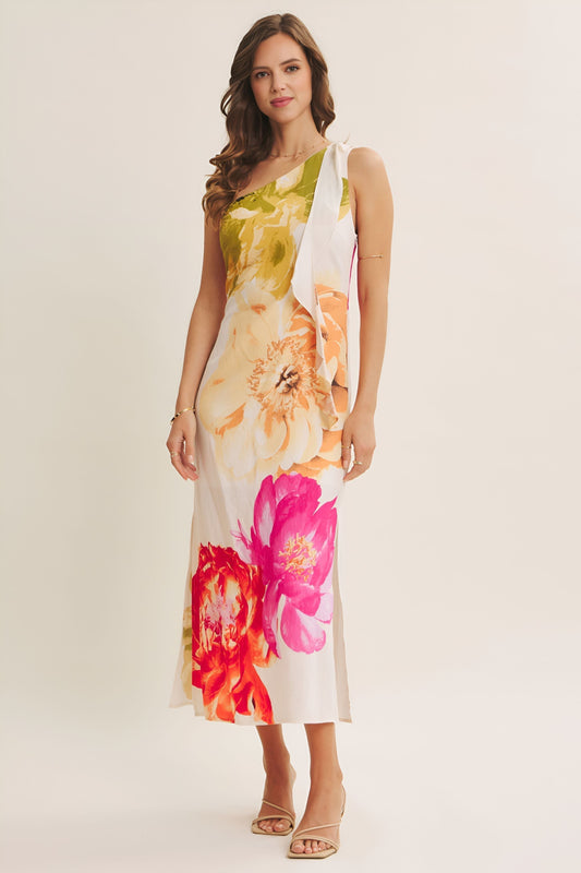 White Colorful Floral One Shoulder Maxi Dress