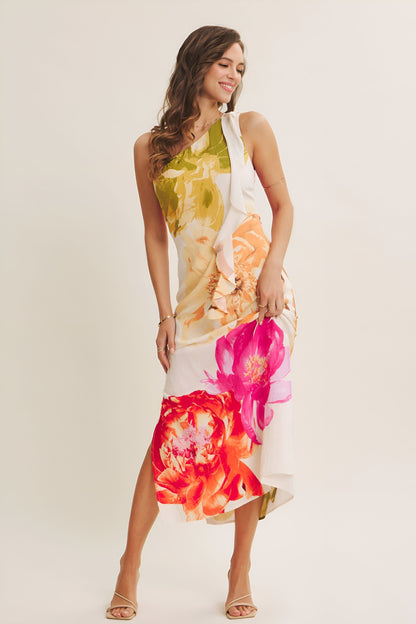 White Colorful Floral One Shoulder Maxi Dress