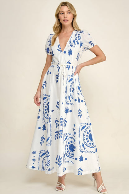 White Blue Tile Print Puff Sleeve Maxi Dress