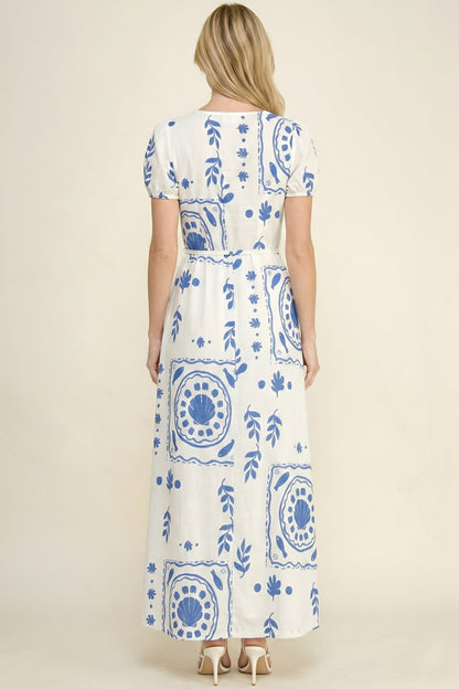 White Blue Tile Print Puff Sleeve Maxi Dress