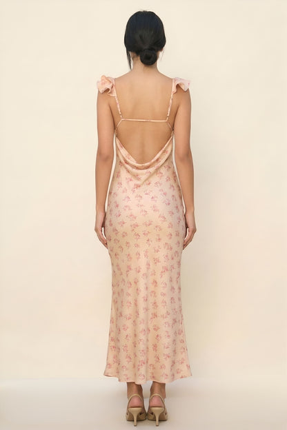 Peach Floral Ruffle Strap V Neck Maxi Dress