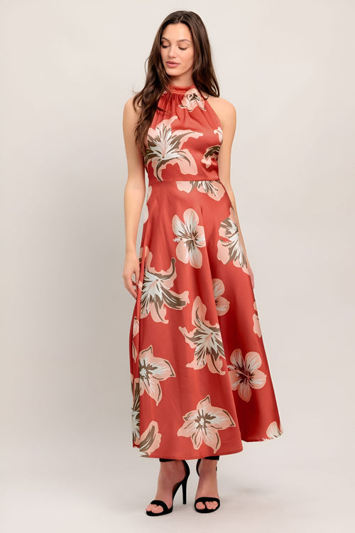 Terracotta Floral Print Halter Satin Midi Dress