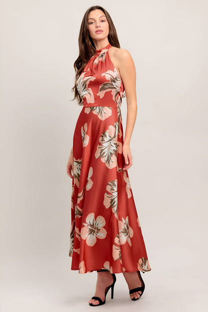 Terracotta Floral Print Halter Satin Midi Dress