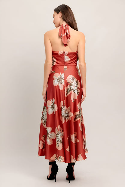 Terracotta Floral Print Halter Satin Midi Dress