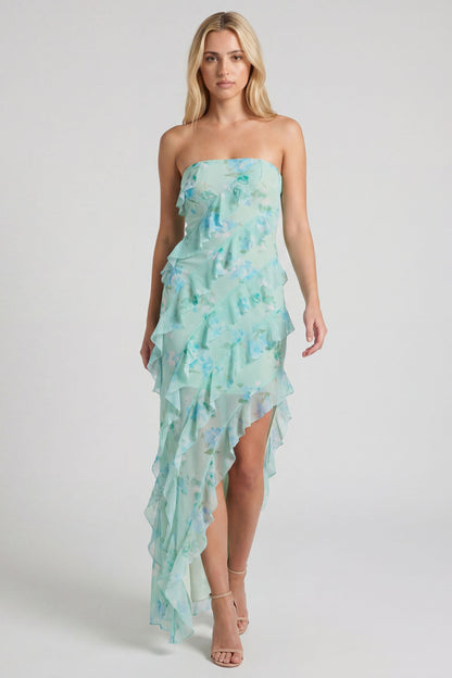Mint Floral Ruffle Strapless High Low Maxi Dress