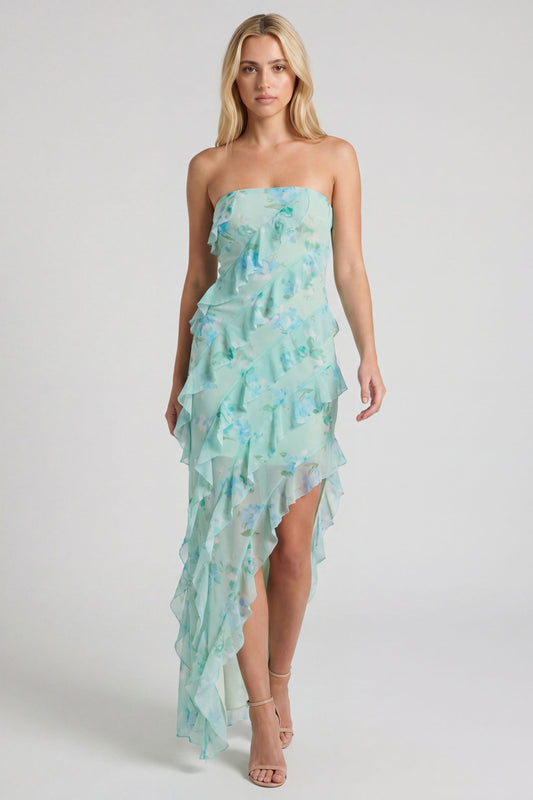Mint Floral Ruffle Strapless High Low Maxi Dress