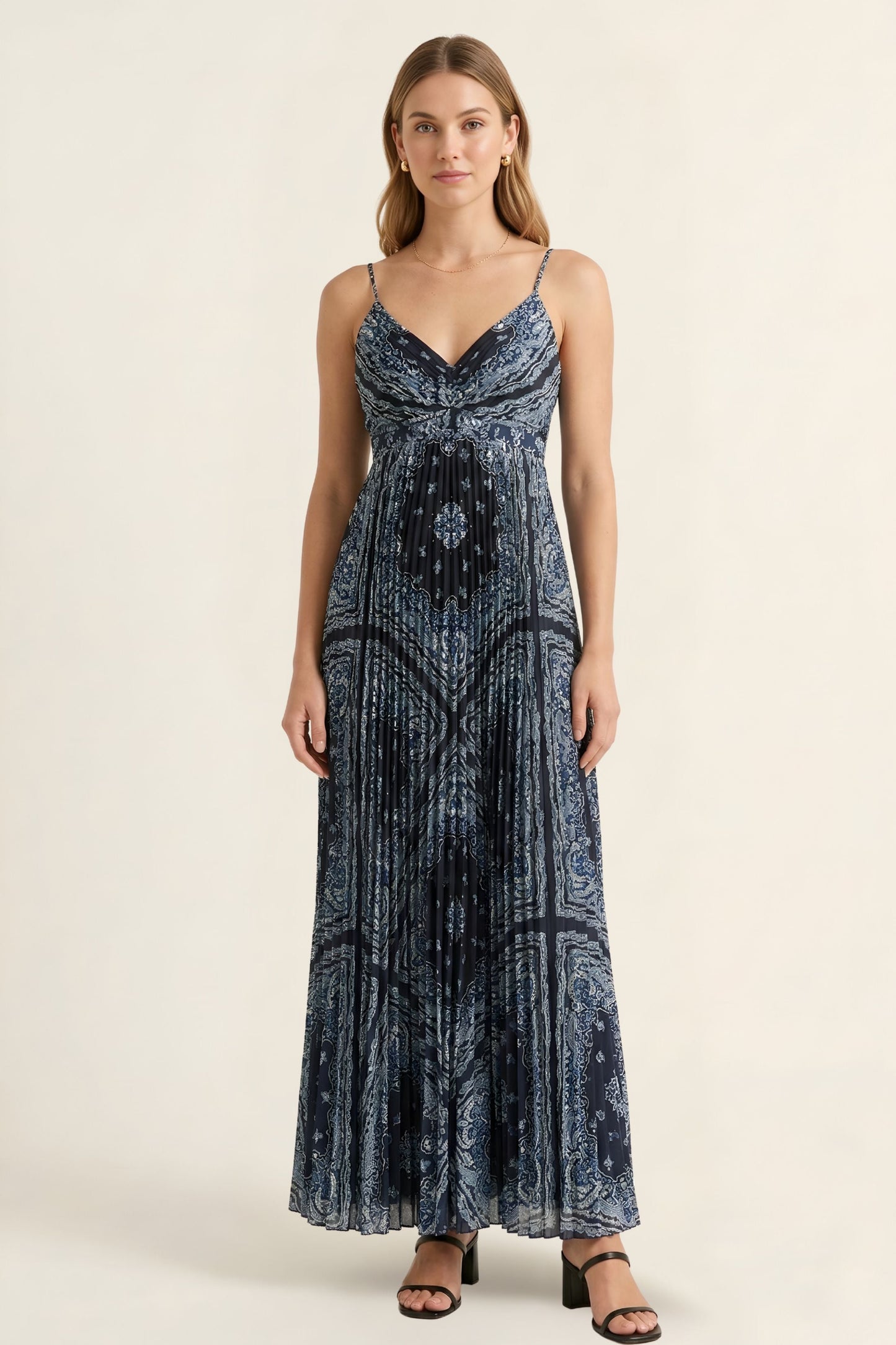 Navy Blue Paisley Pleated Cowl Neck Maxi Dress
