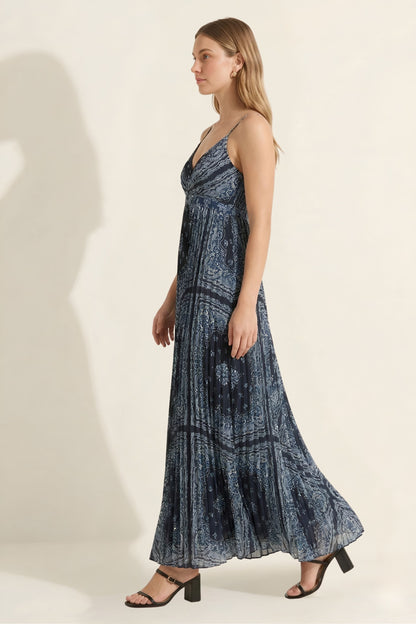Navy Blue Paisley Pleated Cowl Neck Maxi Dress