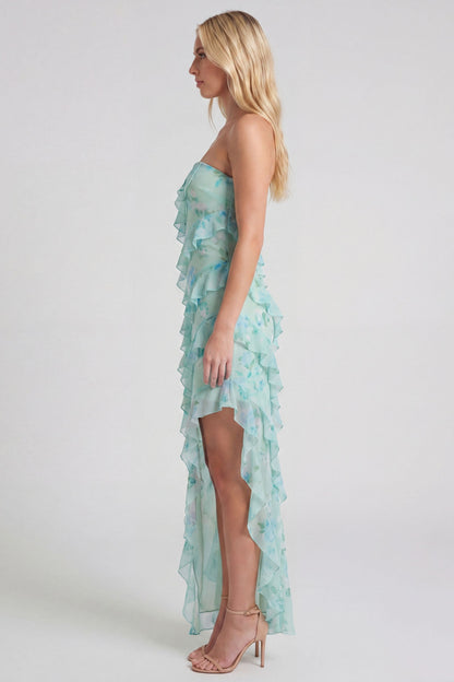 Mint Floral Ruffle Strapless High Low Maxi Dress