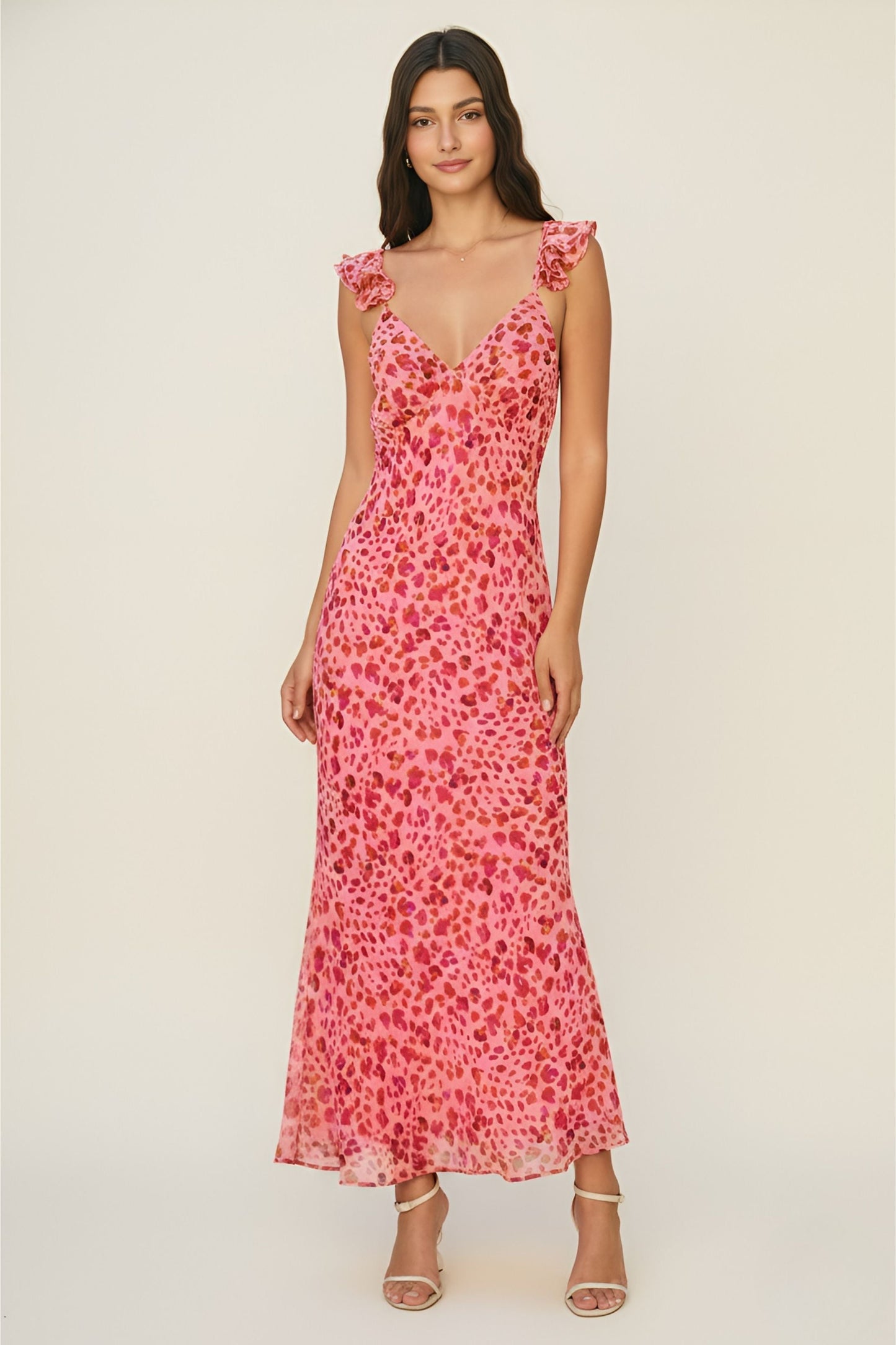 Hot Pink Spot Print Ruffle Strap Maxi Dress