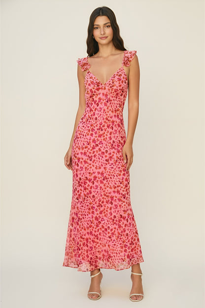 Hot Pink Spot Print Ruffle Strap Maxi Dress