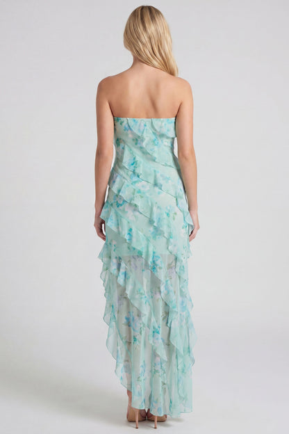Mint Floral Ruffle Strapless High Low Maxi Dress