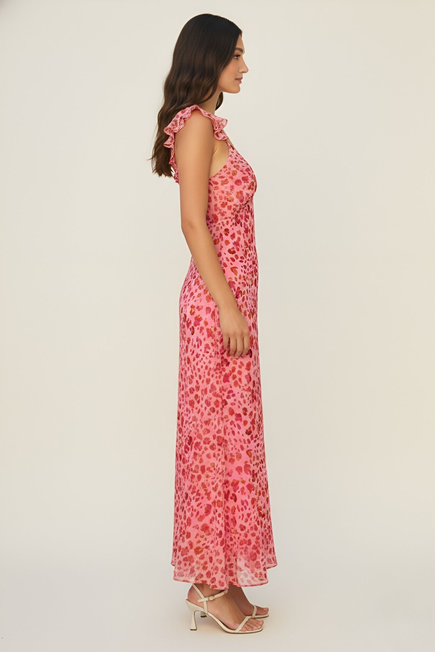 Hot Pink Spot Print Ruffle Strap Maxi Dress