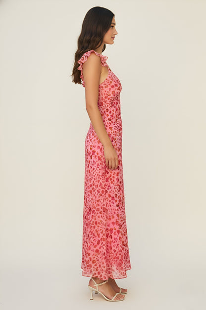Hot Pink Spot Print Ruffle Strap Maxi Dress