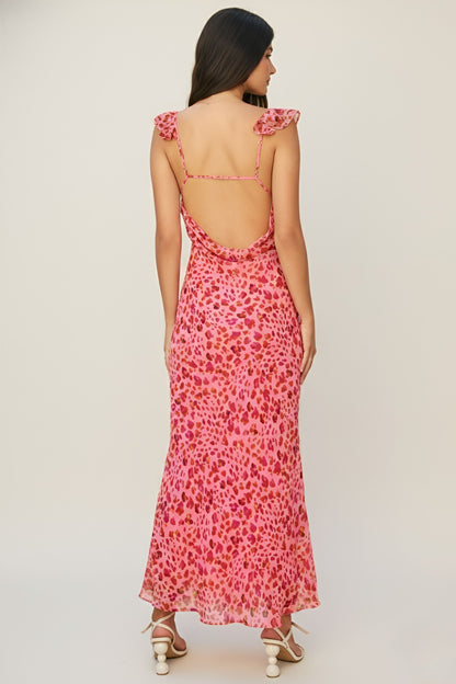 Hot Pink Spot Print Ruffle Strap Maxi Dress