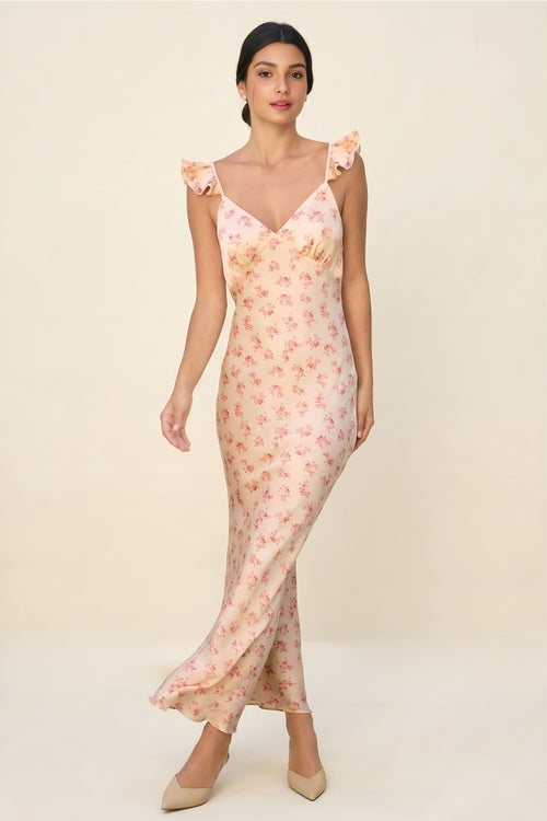 Peach Floral Ruffle Strap V Neck Maxi Dress