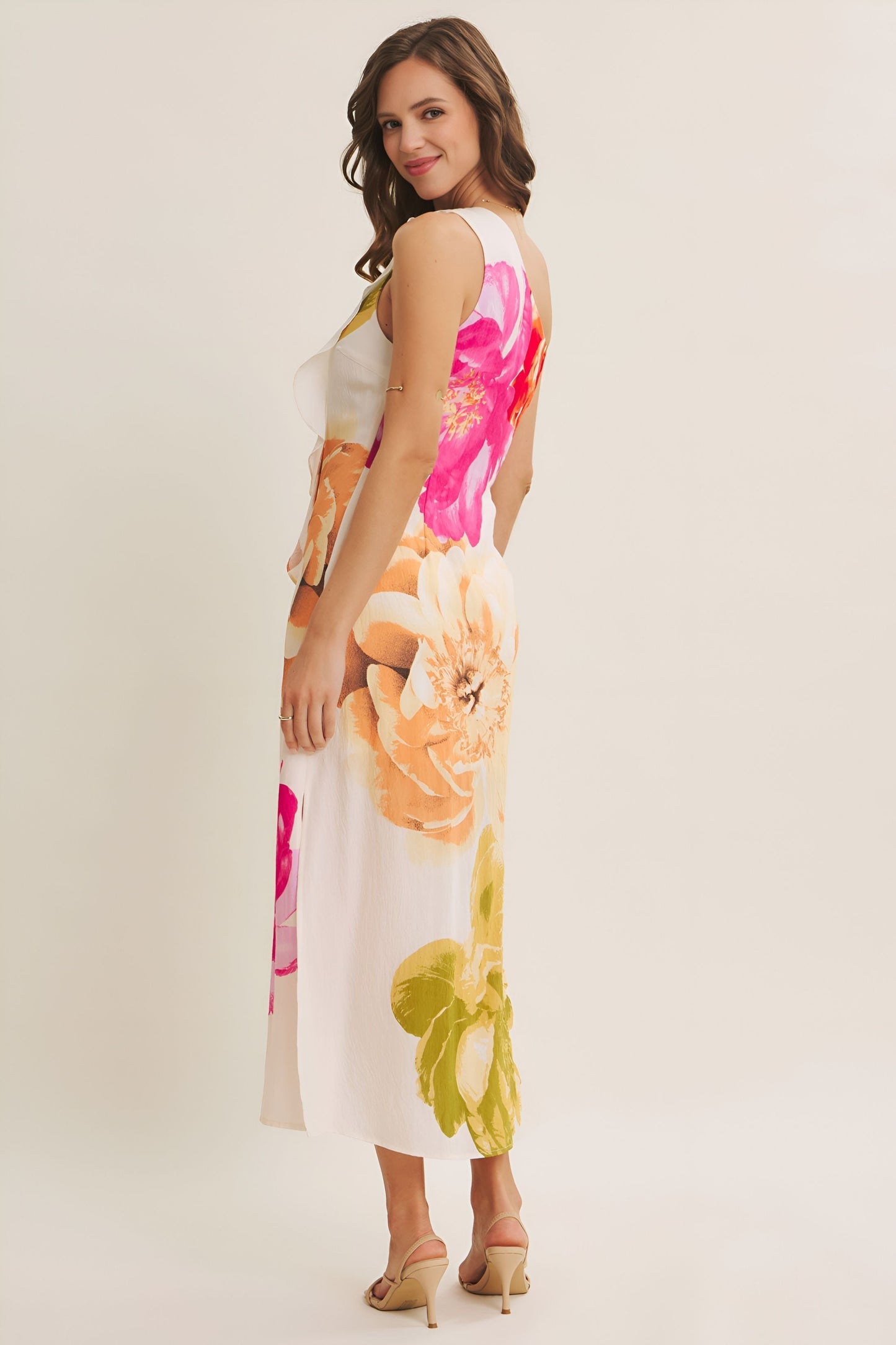 White Colorful Floral One Shoulder Maxi Dress