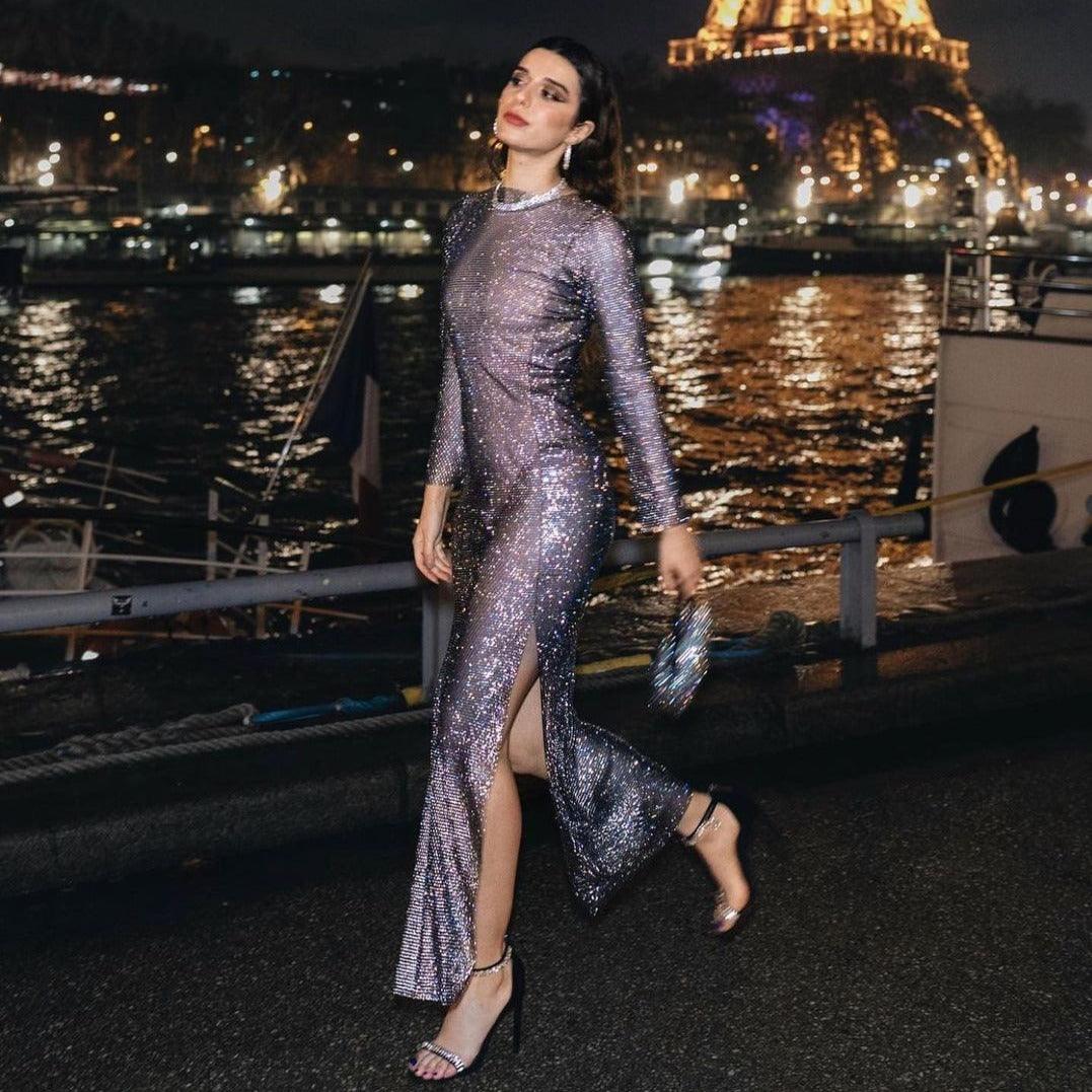 Black Sheer Rhinestone Long Sleeve Slit Dress