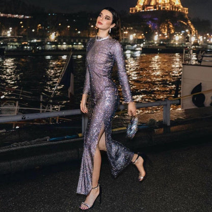 Black Sheer Rhinestone Long Sleeve Slit Dress