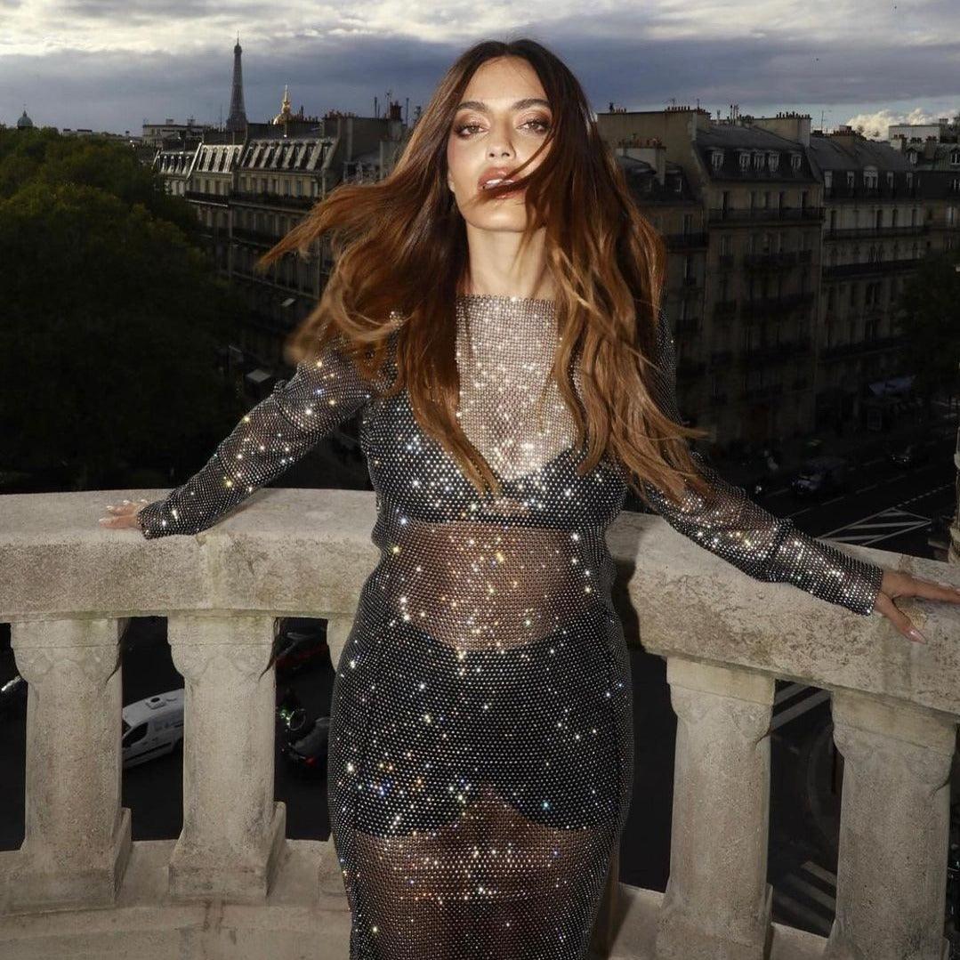 Black Sheer Rhinestone Long Sleeve Slit Dress
