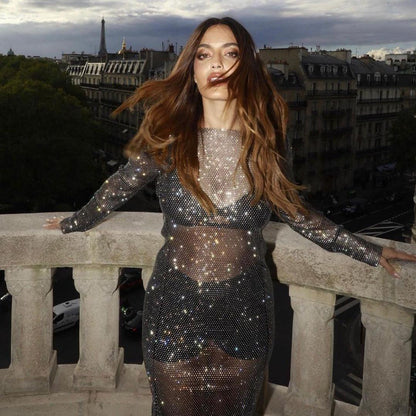 Black Sheer Rhinestone Long Sleeve Slit Dress