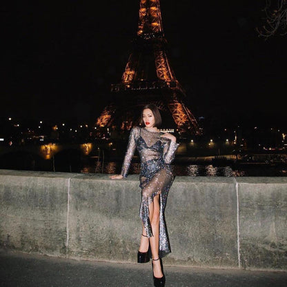 Black Sheer Rhinestone Long Sleeve Slit Dress