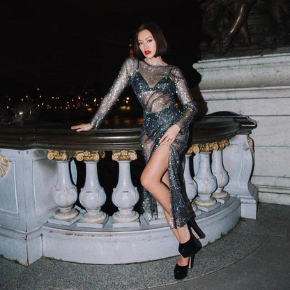 Black Sheer Rhinestone Long Sleeve Slit Dress