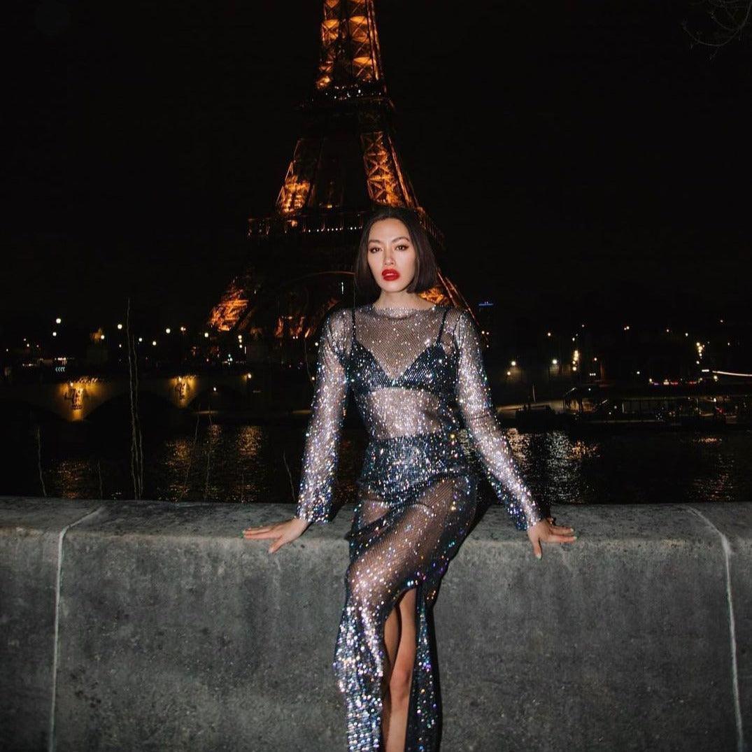 Black Sheer Rhinestone Long Sleeve Slit Dress
