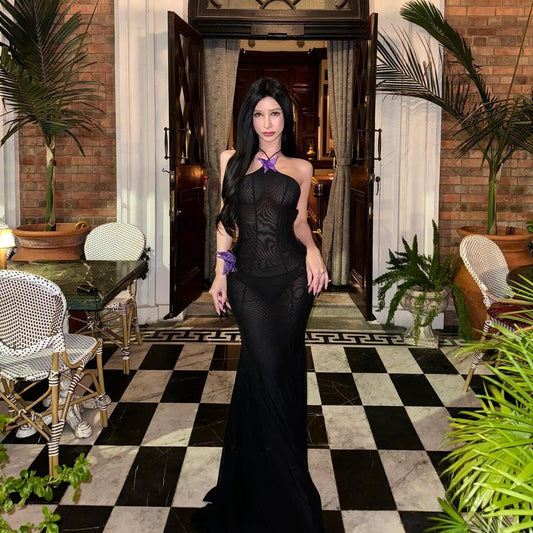 Black Sheer Butterfly Halter Mermaid Maxi Dress
