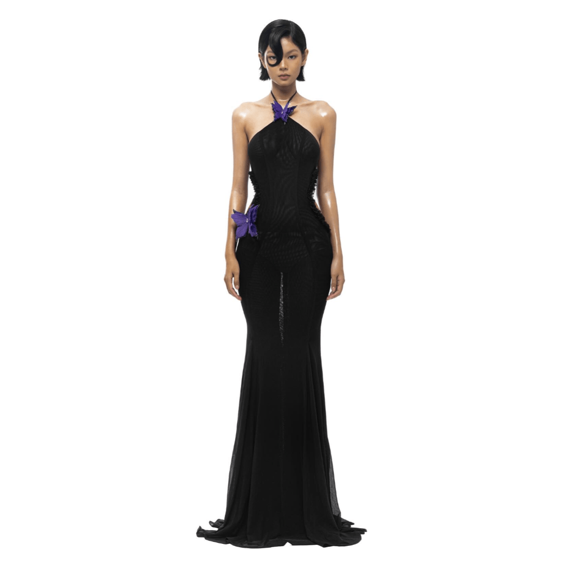 Black Sheer Butterfly Halter Mermaid Maxi Dress