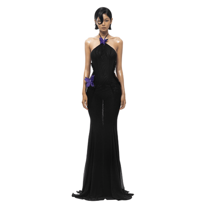 Black Sheer Butterfly Halter Mermaid Maxi Dress