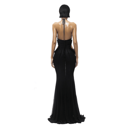 Black Sheer Butterfly Halter Mermaid Maxi Dress