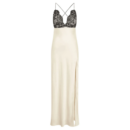 Ivory Satin Lace Bust Halter Slip Maxi Dress