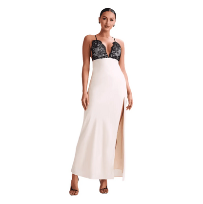 Ivory Satin Lace Bust Halter Slip Maxi Dress