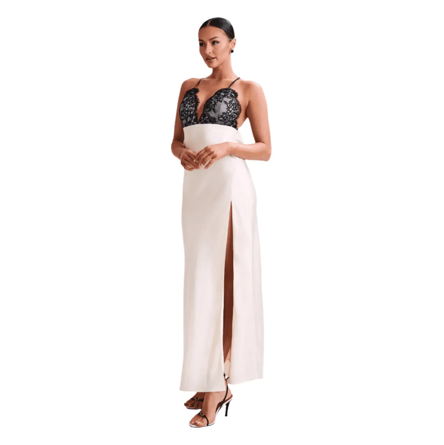 Ivory Satin Lace Bust Halter Slip Maxi Dress