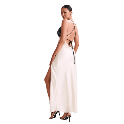 Ivory Satin Lace Bust Halter Slip Maxi Dress