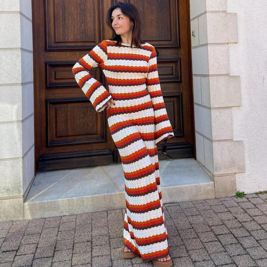 Striped Knit Long Sleeve Boho Maxi Dress