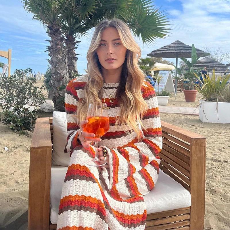 Striped Knit Long Sleeve Boho Maxi Dress